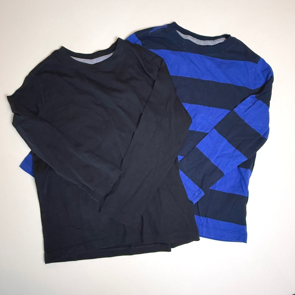 Old Navy Boys Set of 2 Long Sleeve Tee Black Blue Striped Shirt S 6/7